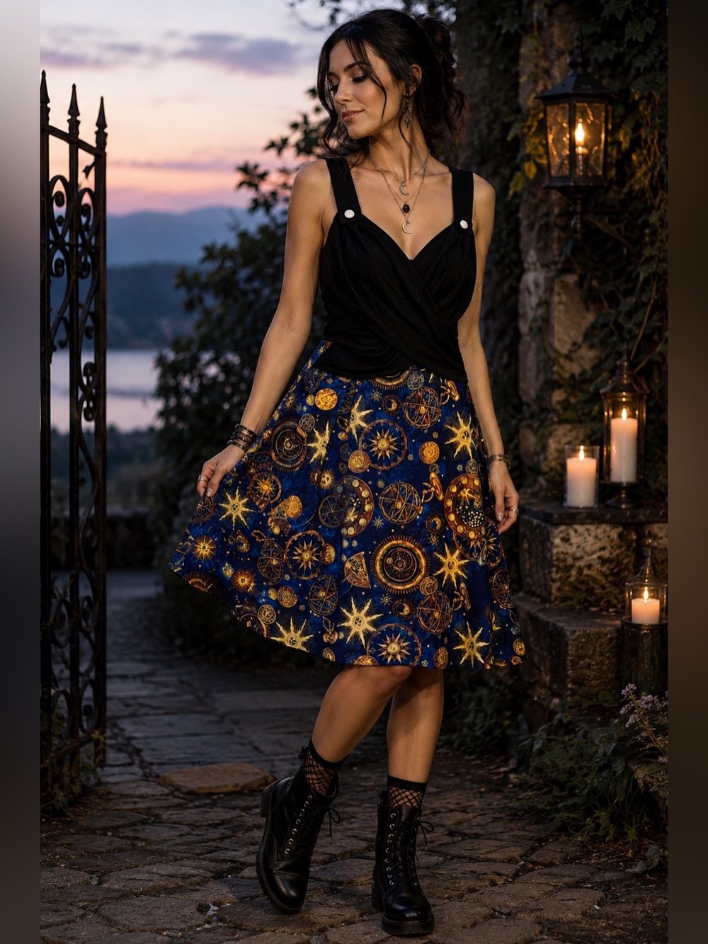 Celestial Zodiac Print Midi Dress Black Wrap Sun Moon Star Whimsigoth Cosmic M